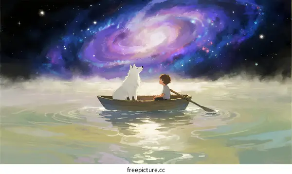 A Boy and a Dog Rowing Boat Under Glowing Galaxy Night