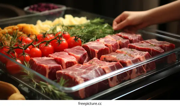 A woman preparing a meal with raw meat and vegetables