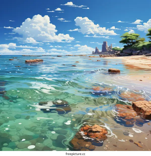 Rocky beach with crystal clear water and a beautiful sky