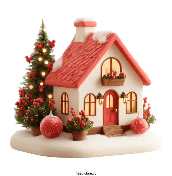 [Transparent Background PNG]Christmas Miniature House Scene with Decorated Trees