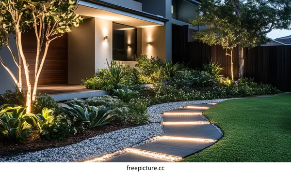 Modern Elegant Exterior Landscape Design with Pathway Lighting
