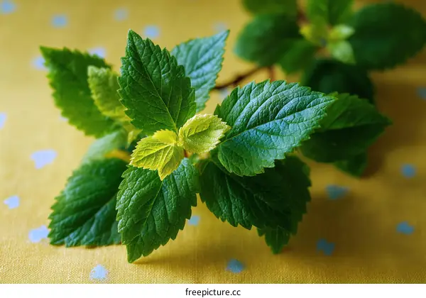Fresh Green Leaves Close Up on Yellow Background