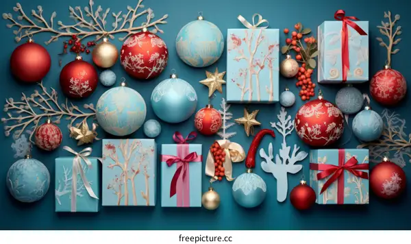 Blue and red Christmas ornaments and gifts on a blue background