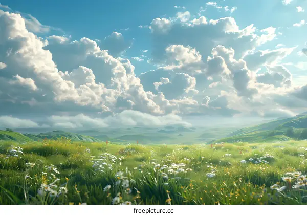 Green rolling hills under a blue sky with white clouds
