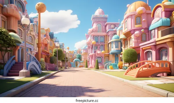 A colorful cartoon town street with bright houses and a blue sky
