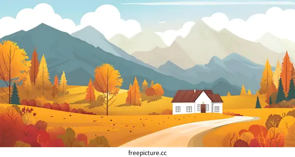 Autumn Landscape With House And Mountains