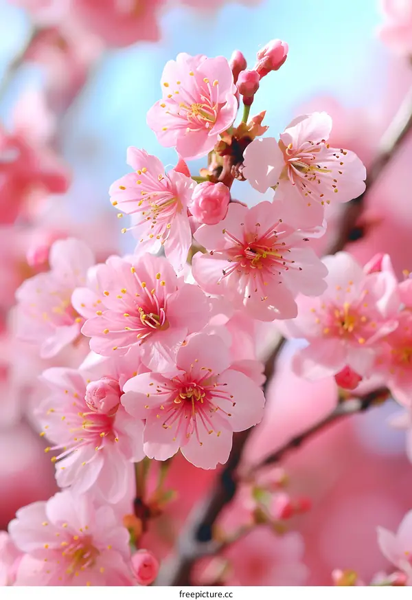 Close-up photo of pink cherry blossom flowers in full bloom