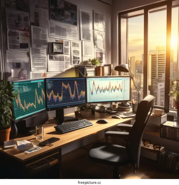 A modern home office with a large desk, multiple monitors, and a comfortable chair