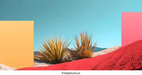Abstract Minimalist Desert Landscape With Plants and Sand Dunes