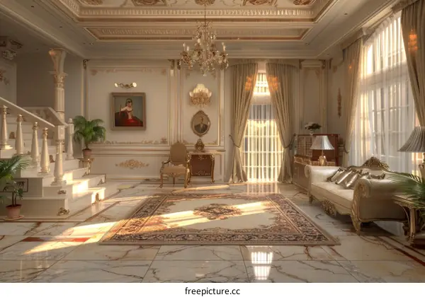 Luxurious Interior Design with Gold Accents and Chandelier