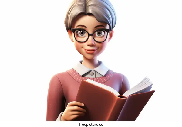 An elderly woman with glasses is reading a book