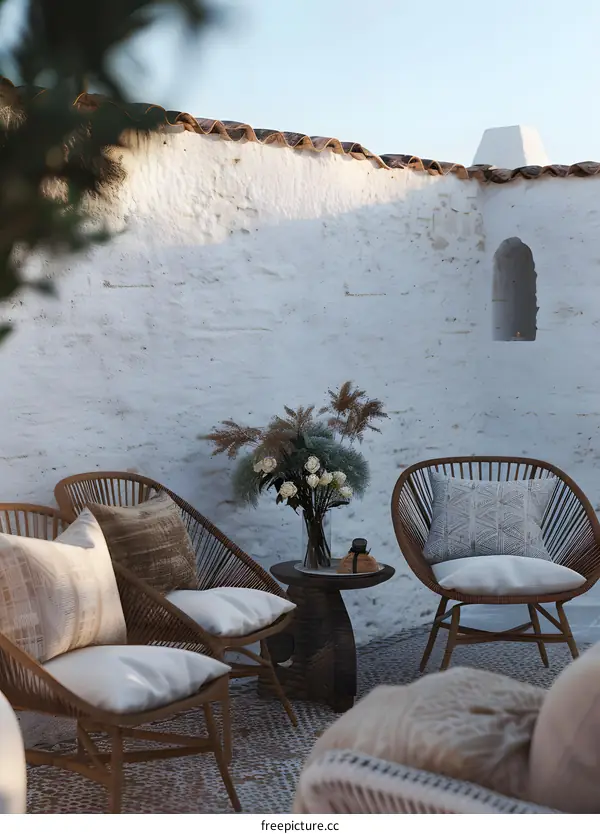 White Wall Patio with Wicker Chairs and Flowers