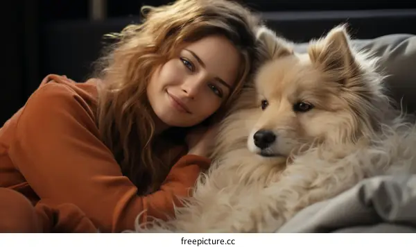 Smiling woman lying on a couch with a dog