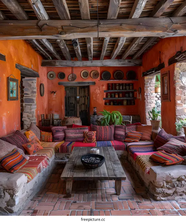 Rustic Living Room with Exposed Beams and Colorful Textiles