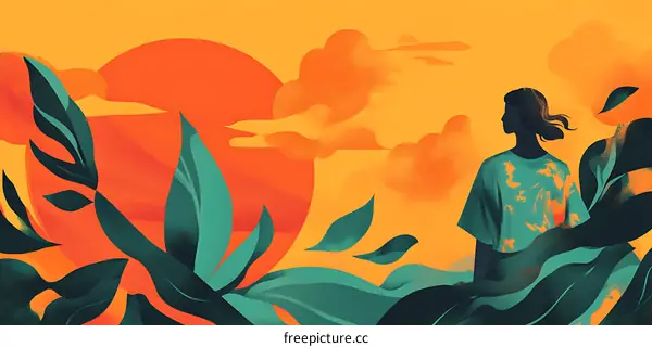 Woman Silhouette with Sunset and Plants Illustration