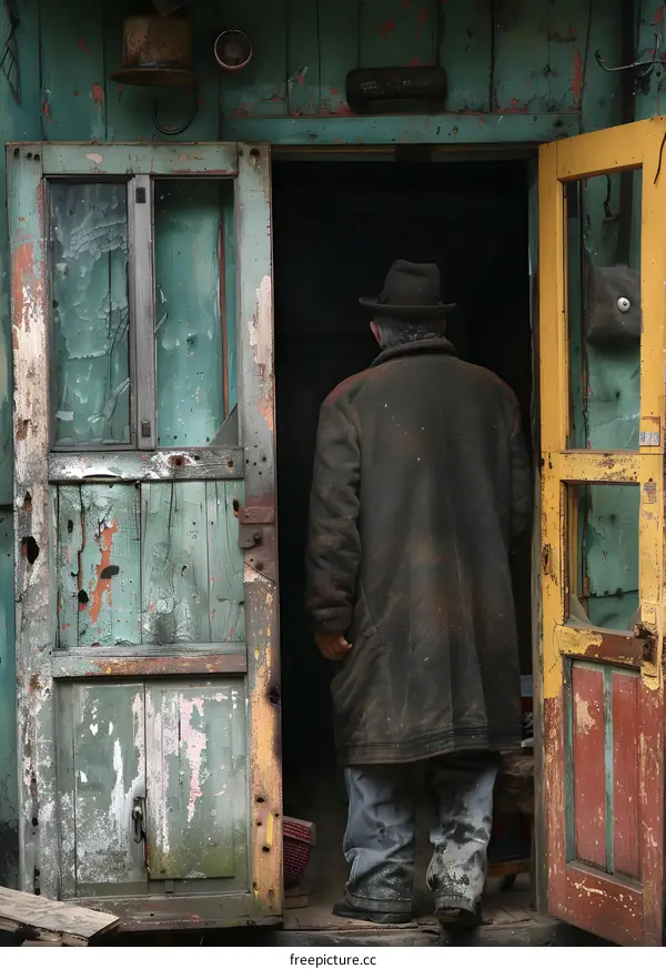 old man standing in front of a colorful wooden door
