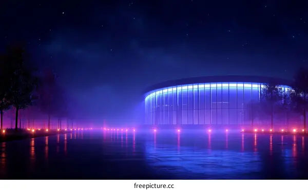 Neon Glow Building at Night in Foggy Woods