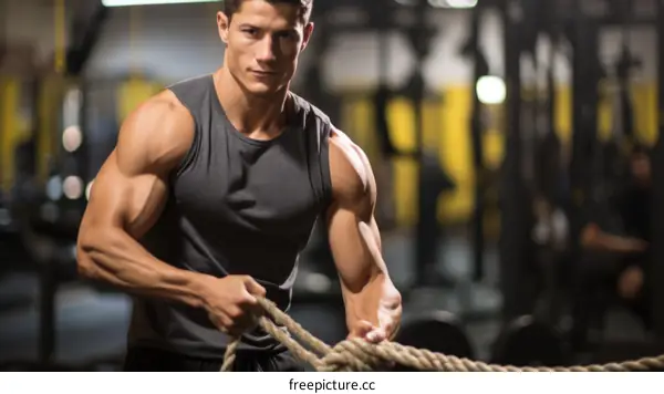 muscular man in a gray tank top pulling on a rope in a gym