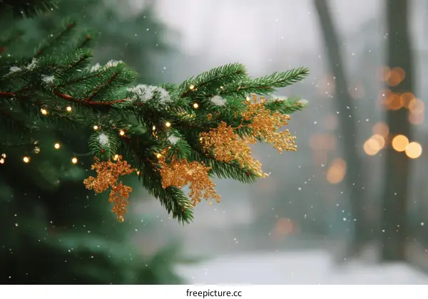 Snowy Christmas Tree Branch with Golden Ornaments