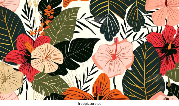 Tropical Floral Pattern with Hibiscus and Palm Leaves