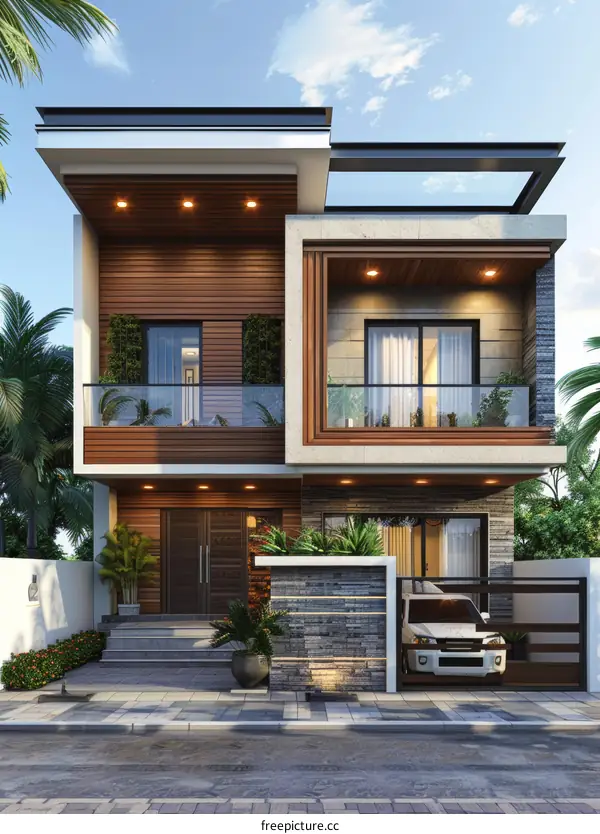 Modern House Exterior Design with Stone and Wood