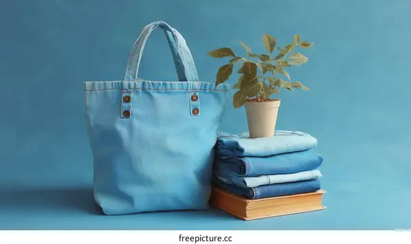 Light Blue Denim Tote Bag with Stacked Jeans and Plant