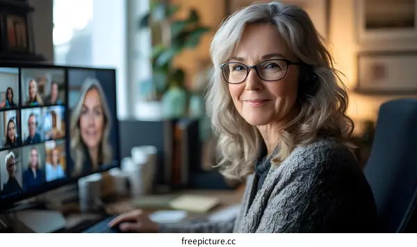 Woman with Grey Hair Participating in a Video Conference Call