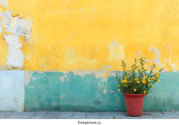 Yellow and Green Wall with Yellow Flower Pot