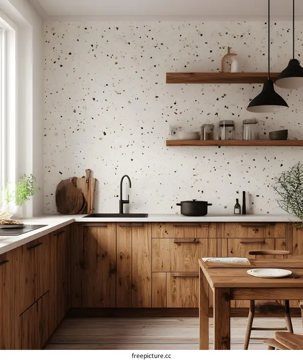 Modern Kitchen Interior Design with Wooden Cabinets and Terrazzo Wall