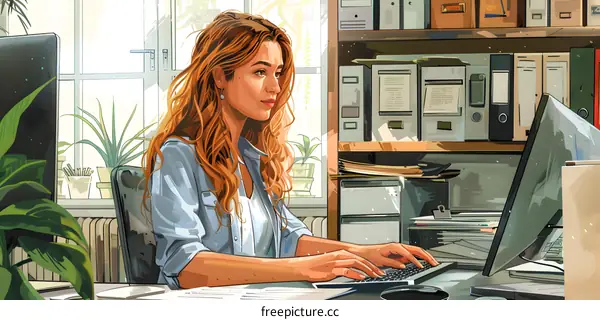 A woman is working on her computer in an office.