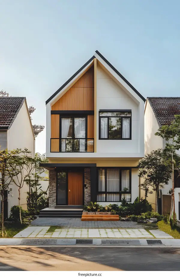 Modern House with Wooden Facade and Green Landscaping