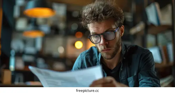 A man is reading a document in a cafe.