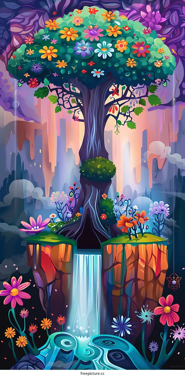Fantasy Tree with Flowers and Waterfall in a Cityscape