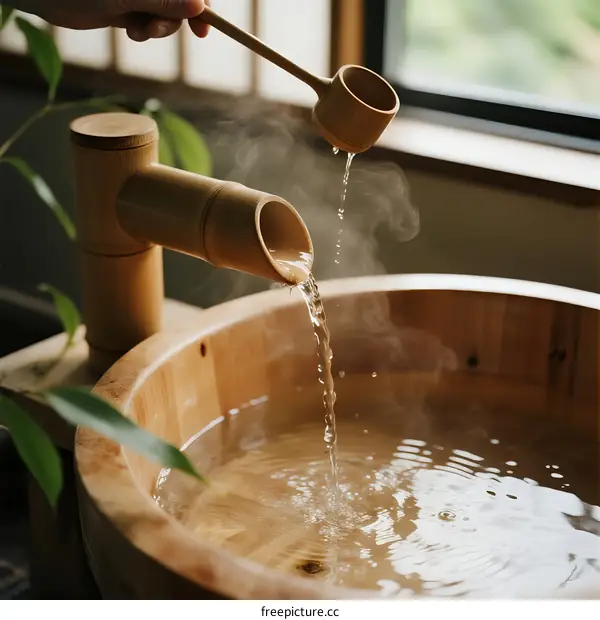 Hot water being poured into a wooden basin with a bamboo dipper