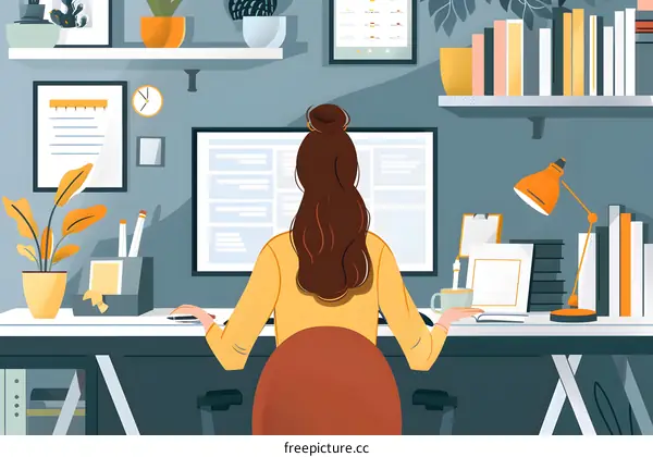 Woman Working From Home Office Illustration