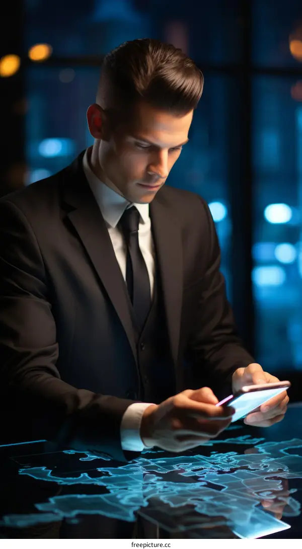 Businessman in suit using smartphone with futuristic interface