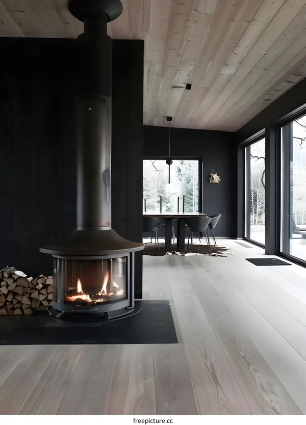 Modern Minimalist Interior Design with Fireplace and Large Windows