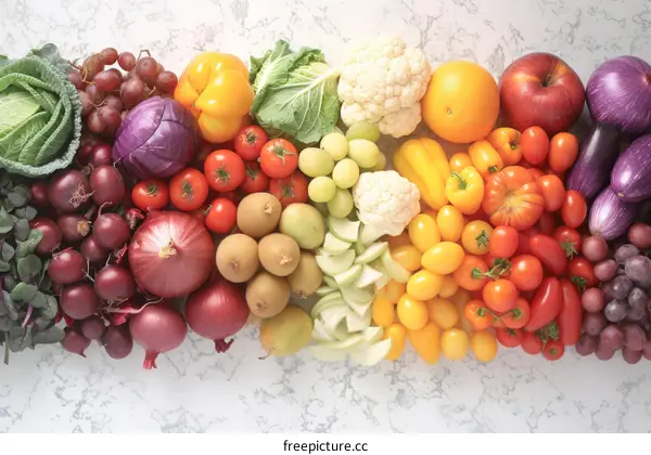 A variety of fruits and vegetables arranged in a rainbow pattern