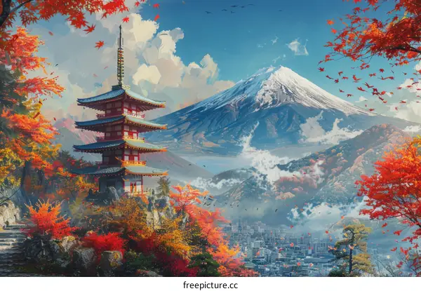 Mount Fuji and Pagoda in Autumn Colors