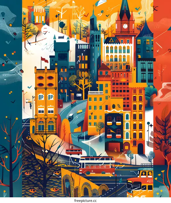 Abstract Illustration of a Cityscape with Buildings and Transportation