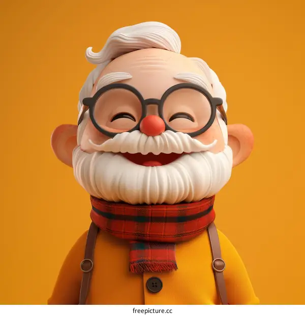 3D rendering of a happy old man with white hair and beard wearing glasses and a red scarf