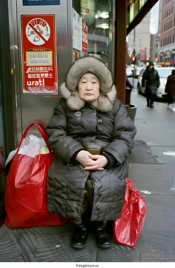 Elderly Asian Woman Sitting with Shopping Bags in a City
