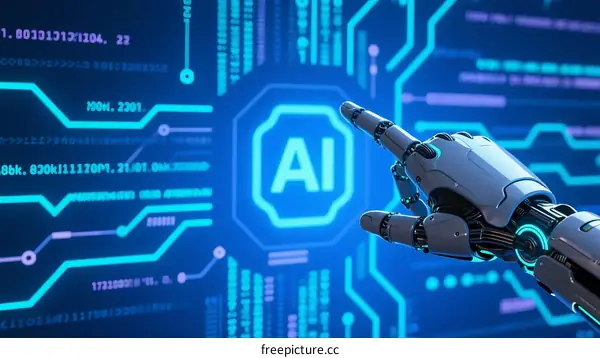 Robotic Hand Pointing at AI Symbol on Digital Background