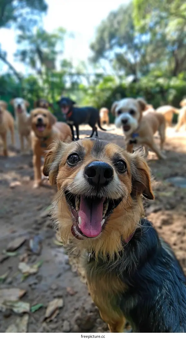 A happy dog surrounded by a pack of friends