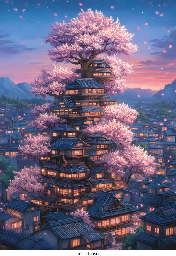 Cherry Blossom Tree House in a Japanese City