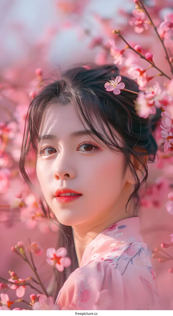 Beautiful Asian Woman in Pink Kimono Posing in Front of Cherry Blossoms