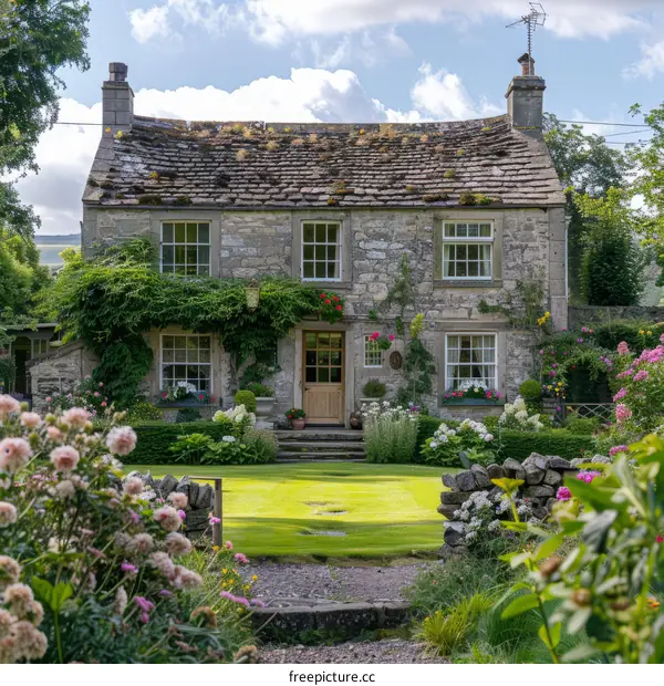 A stone cottage nestled in the English countryside