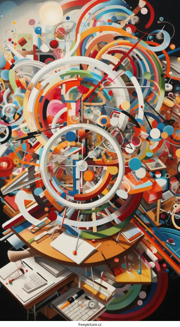 Colorful abstract painting with geometric shapes and a clock