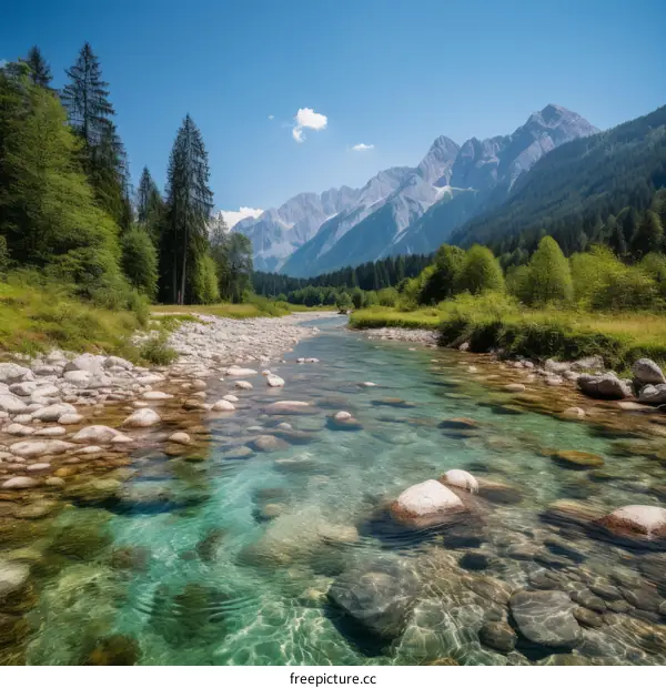 A mountain river meandering through a valley in the sunlight