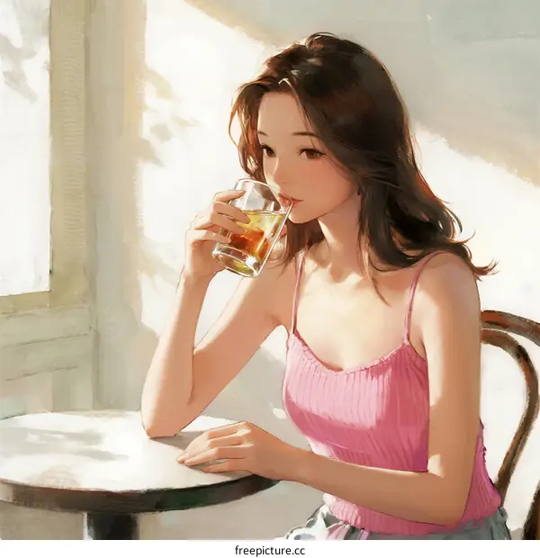 A Young Woman Sitting at a Table Drinking a Glass of Beverage